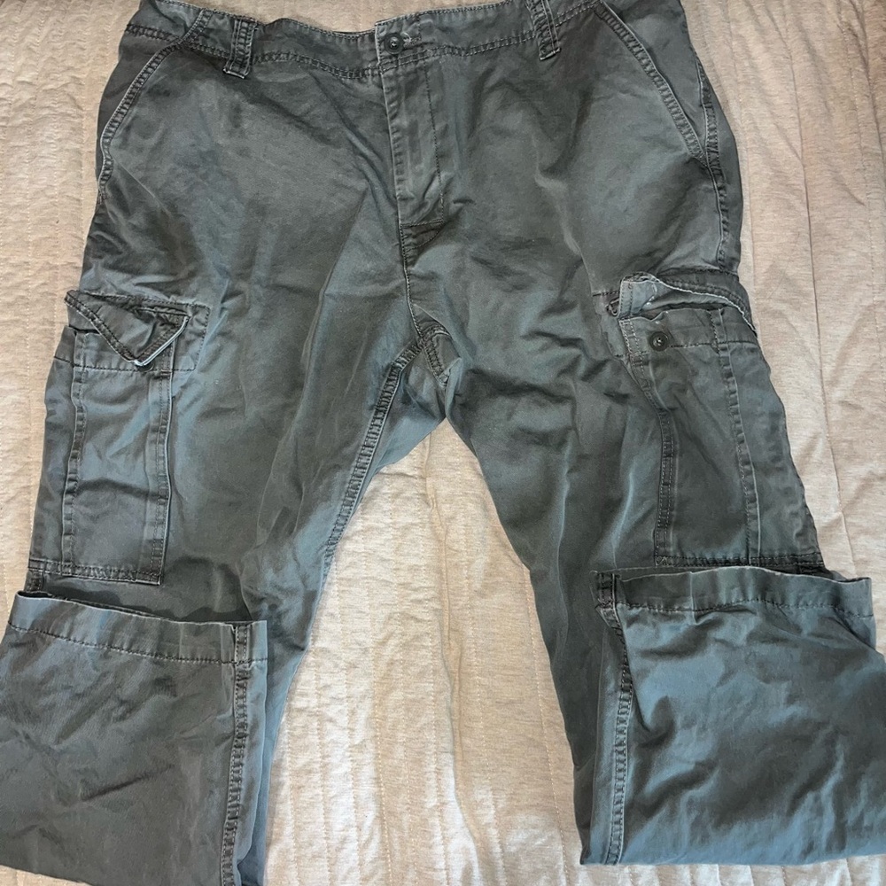 Cargo pants. Nice feel. Can be styled grungy or skater style. Baggy type fit.